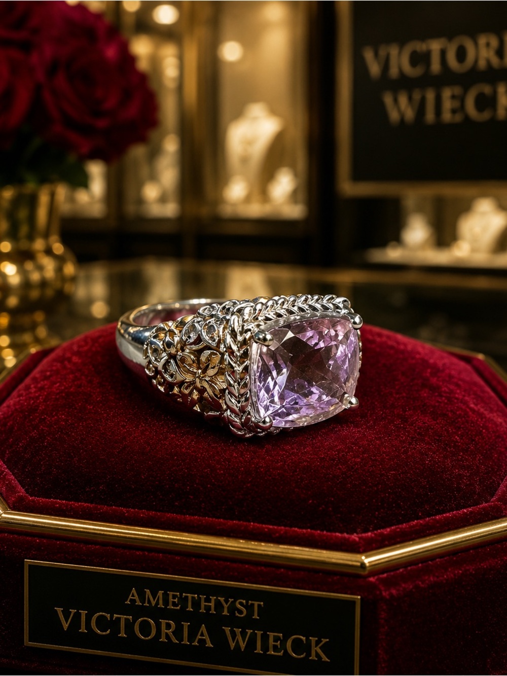 VICTORIA WIECK Rose De France Amethyst 24k Gold Platinum over 925 Silver Ring